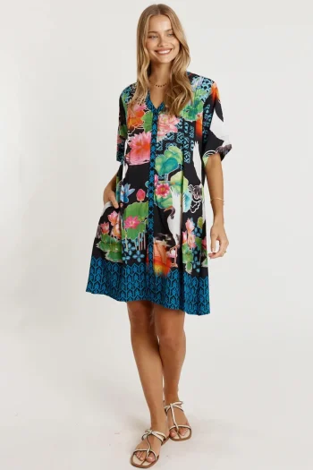 LULA LIFE Dresses-AKIKO BUTTON DRESS OCEAN