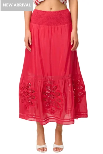 ONCE WAS Skirts-CORDELIA SHIRRED WAIST SKIRT RUBY