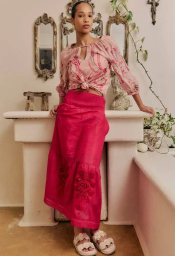 ONCE WAS Skirts-CORDELIA SHIRRED WAIST SKIRT RUBY