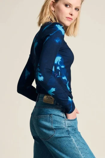 POM Tops|Winter Style-FLORAL TURTLE NECK TOP BLUE