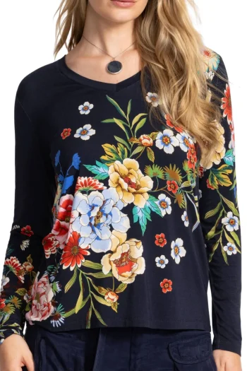 JOHNNY WAS T Shirts|Tops-JANIE L/SLV V NECK TEE ADVESTIA