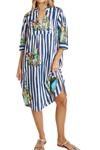 LULA LIFE Dresses-LUCCIANO KAFTAN NAVY-STRIPE