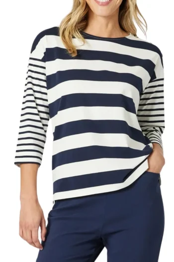 GORDON SMITH Tops|Weekend Edit-MIXED STRIPE TOP NAVY-WHITE