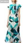JOSEPH RIBKOFF Dresses-SATIN GEO PRINT DRESS GREEN-WHITE