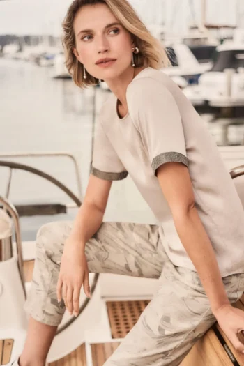 JOSEPH RIBKOFF Tops-SATIN WITH RHINESTONE DETAIL TOP PARCHMENT