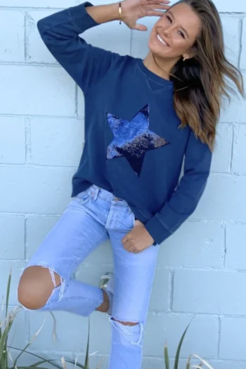 SOPHIE MORAN Tracksuits|Track Tops-SEQUIN STAR SWEAT NAVY